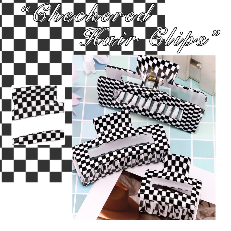 Hapdoo 3pcs Black Checkered Hair Claw Clips, Square Checker Cute Non Slip Hair Jaw Clips, Strong Hold Rectangle Plaid Vintage Check Hair Claw - Image 3